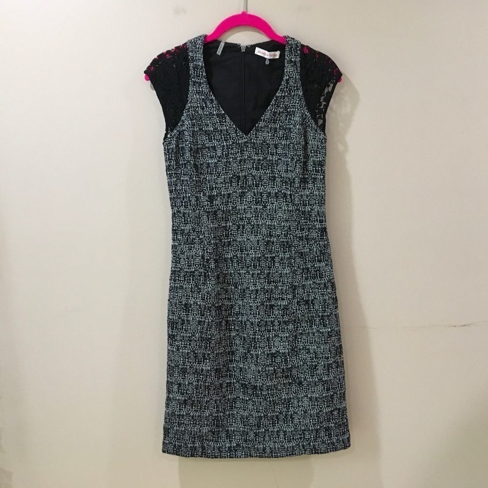 Rebecca Taylor tweed sheath dress cap sleeve v neck black Workwear size 2